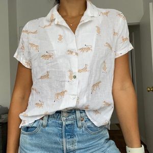 Cheetah White Linen Button Down